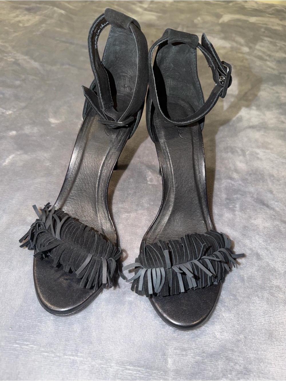 🖤 Joie Leather Fringe Ankle-Strap Heels